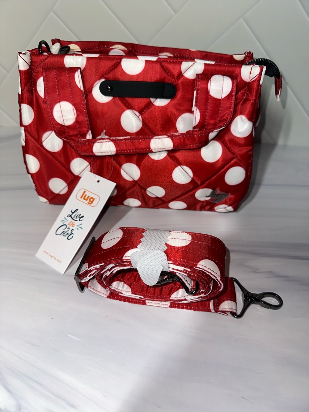 Lug Jitterbug Crimson Red Large Polka Dot crossbody bag New